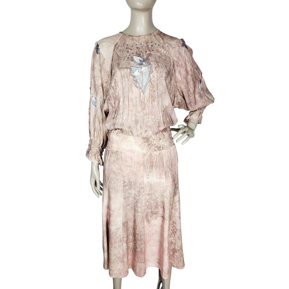 VTG 80s Marc D'Alcy Paris Hand Dyed Beaded Embroidered Floral Artsy Boho Dress